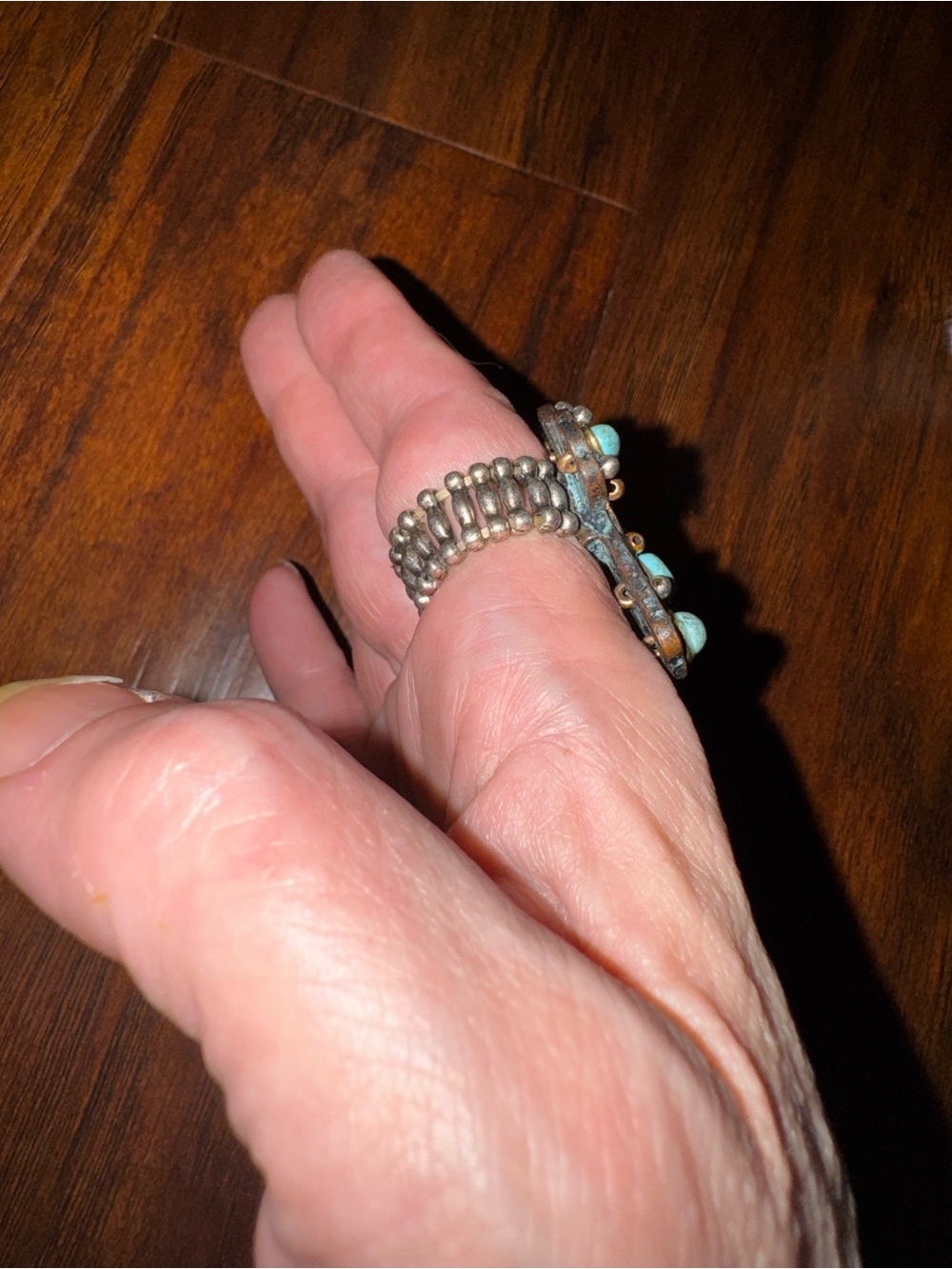 Vintage Silver Cross adjustable ring with Turquoise Cabochons - Picture 3 of 5